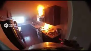 POV  Firefighter trying to put out a fire in someone's kitchen