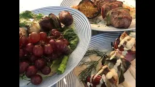 Grilled Skewers with Cucumber Dill Tahini and Creamy Avocado Tahini Garnish