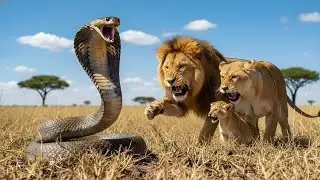Lion Defends Its Cub from Cobra: Protective Moment