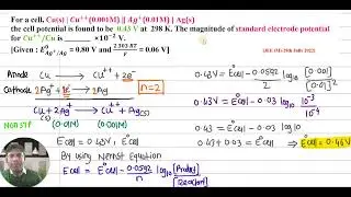 For a cell, Cu(s) | 〖Cu〗^(++) (0.001M) ‖ 〖Ag〗^+ (0.01M) | Ag(s)the cell potential is found to be