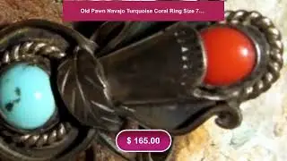Old Pawn Navajo Turquoise Coral Ring Size 7.5 Sterling Silver Native American