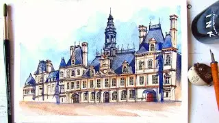 Городской скетч Парижа | Рисунок ратуши (перо и чернила) с акварельным сопровождением | Архитекту...