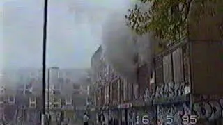 Hulme - Flats on fire, shop stays open,  Hulme Manchester 1995