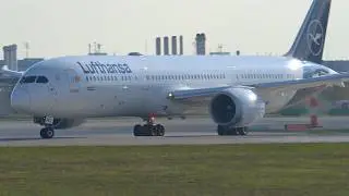 Munich Airport Planespotting Lufthansa Boeing 787-9 D-ABPB Take Off RWY08L Close Up 4K