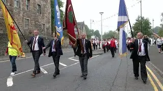 7am Morning parade during 2023 Linlithgow Marches led by Standard Bearers and Linlithgow Reed Band