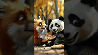 A cute Fox and panda eating pizza. Animated scene.