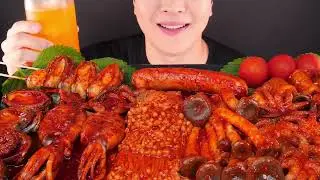 ASMR MUKBANG | Spicy Seafood Feast 🦑🍄 Sausage, Mushrooms, Octopus & Squid Eating Sounds #seafood 