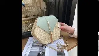 Bohemia Style Handmade Woven Straw And Leather Rattan Bag