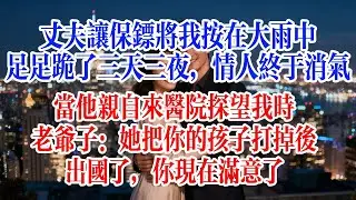 丈夫讓保鏢將我按在大雨中，足足跪了三天三夜，情人終於消氣。當他親自來醫院探望我時，老爺子：她把你的孩子打掉後出國了，你現在滿意了#故事頻道 #爱情故事 #情感故事 #出軌 #婚姻 #小说