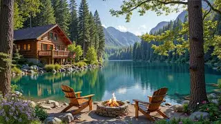 Soothing Piano Music Lakeside Porch 🎶🔥 Fireplace & Birds Songs🌺 Relaxing Spring for Study, Work