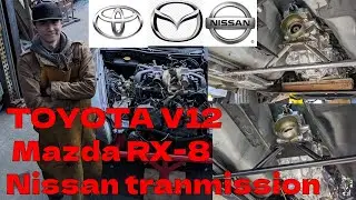 Toyota V12 in an RX-8 with a Nissan transmission.  MOUNTS DONE!!!