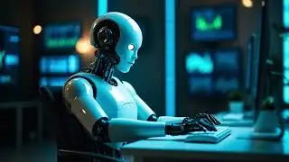 Humanoid AI robot typing on a computer in a futuristic technology office