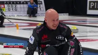 Kevin Koe goes for the ridiculously thin angle raise bump for 2 vs Brad Gushue (2019 Tour Challenge)