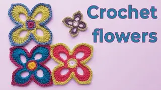 Crochet colorful flowers. 4-petal flower tutorial