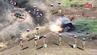 Horrible!! Ukrainian FPV drones easily blew up troops and Russian monster turtle tanks in battle