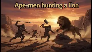 Ape-men hunting an elephant