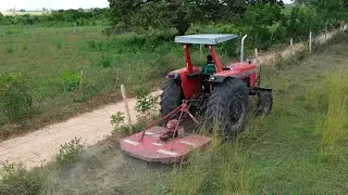 Trator MF290 roçando o capim no boi mansso.imagem de drone