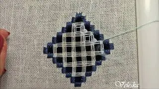 Square filet on Wrapped bars hardanger filling stitch