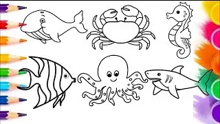 How to Draw Cute Animals | 🦀 🐋 🦈🐙🐟 Crab Whale Seahorse Fish Octopus Shark  | Easy Drawing for Kids