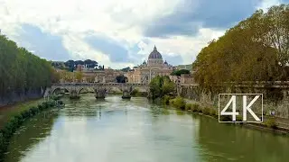 Walking along the Tiber river in Rome, Italy. 4K.