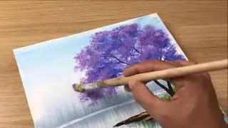 Jacaranda tree on the river. Acrylic Satisfying Painting