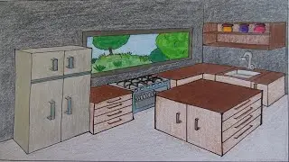 Perspectiva com 2 Pontos de Fuga - Cozinha - Bancada/Fogão/Geladeira - Cenário Interno (vídeo 8)