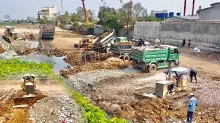 Great Project !! Almost Complete Filling Using Old Dozer Pushing Mud,Trash With Truck Unloading