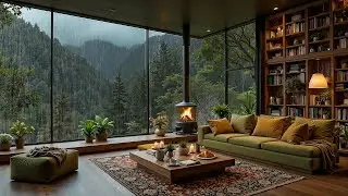 Cozy Reading Cabin Jazz 🌧️ Rainy Window, Soft Fireplace Jazz for Study & Relaxation
