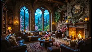 Cozy Castle Library by the Mountains 🌄🏰 Ambient Music & Nature Sounds for Deep Relaxation | 2K