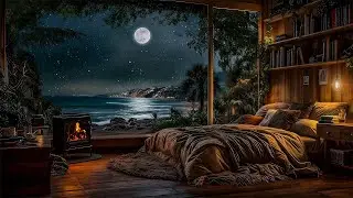Fall Asleep in 3 Minutes with Fire & Ocean Waves at Night (No Ads)&ndash;Stop Overthinking, Reduce Anxiety