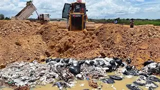 INCREDIBLE !! Massive Bulldozer Mighty Pushing Soiled and Clearing Garbage Delete Pond 