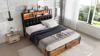 Hydraulic Storage Bed with USB Charging Port & LED Light, Black Wood Effect Headboard