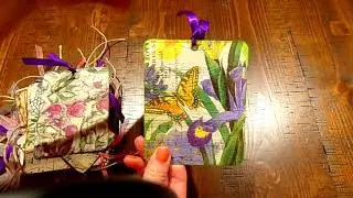 Junk Journal Tags made with scrapbook chip board, sheet music, napkins & ribbon from greeting card