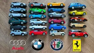 Model Car Collection With Car Logos - Audi, BMW, Porsche, VW, Mini, Ferrari, Alfa Romeo, Jaguar...