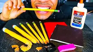 ASMR Edible School Supplies *PRANK* Eating Pencils Glue Notebook Paper Mukbang 먹방 Mouth Sounds
