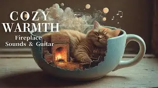 【Playlist】Cozy Fireplace & Sleeping Cat Ambience 🐈Warm Jazz & Acoustic Guitar | Relax, Sleep, Study🔥