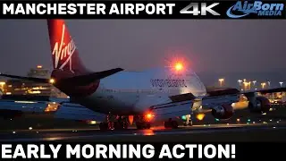 SUPER Early Morning Wet Runway Arrivals Departures Manchester Airport 4K Plane Spotting with ATC