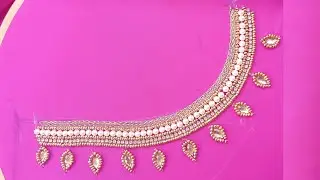 Simple & Grand Aari Work Blouse Neck | Multi-Layered Beads & Kundan Border