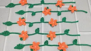 Ramo de folhas com flores de Crochê - galho de folhas para aplicação em trabalhos 🌿