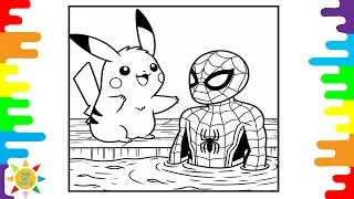 Pikachu and Spider-Man at the Pool Coloring Pages | Pokemon | Pikachu | Spiderman | @drawandcolortv