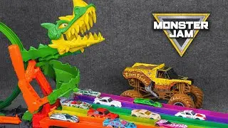 Monster Jam Earth Shaker Crushes Cars in Giant Dragon Track Set | Unboxing Monster Jam Toys ASMR