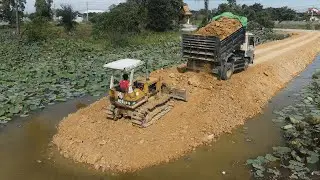 Perfect Landfill Work! Making Road Over Huge Lake Using D20P Dozer Push Stone & Dump Truck Unloading