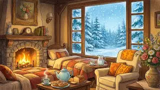 soothing winter cozy cabin in the forest on a snowy day with oldies playing in another room