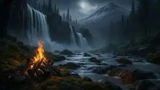 Waterfall Campfire with Rain &ndash; Nature White Noise for Deep Sleep 🔥🌧️