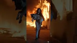 Dramatic cinematic shot, a soot-covered woman carrying her limp small dog in her arms,