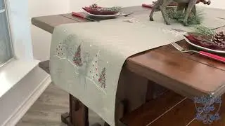 Embroidered Christmas Light Gray Reindeer Christmas Scene Table Runner