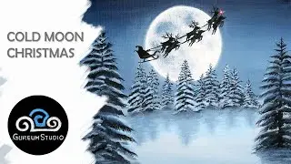 Cold Moon Christmas with Santa and Reindeers | Rudolph | Acrylic Painting Landscape Step By Step