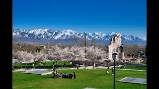 Utah State Capitol - Spring Cherry Tree Blossoms with snow capped Rocky Mountains