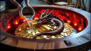 Close-Up: Pouring Epoxy Over Golden Dragon || Hundreds of Gold Bars & Hidden LED