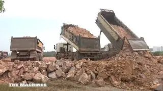 Land Filling with Rock Mountain Operation Dozer Move Rock Dump Truck Unloading Rock